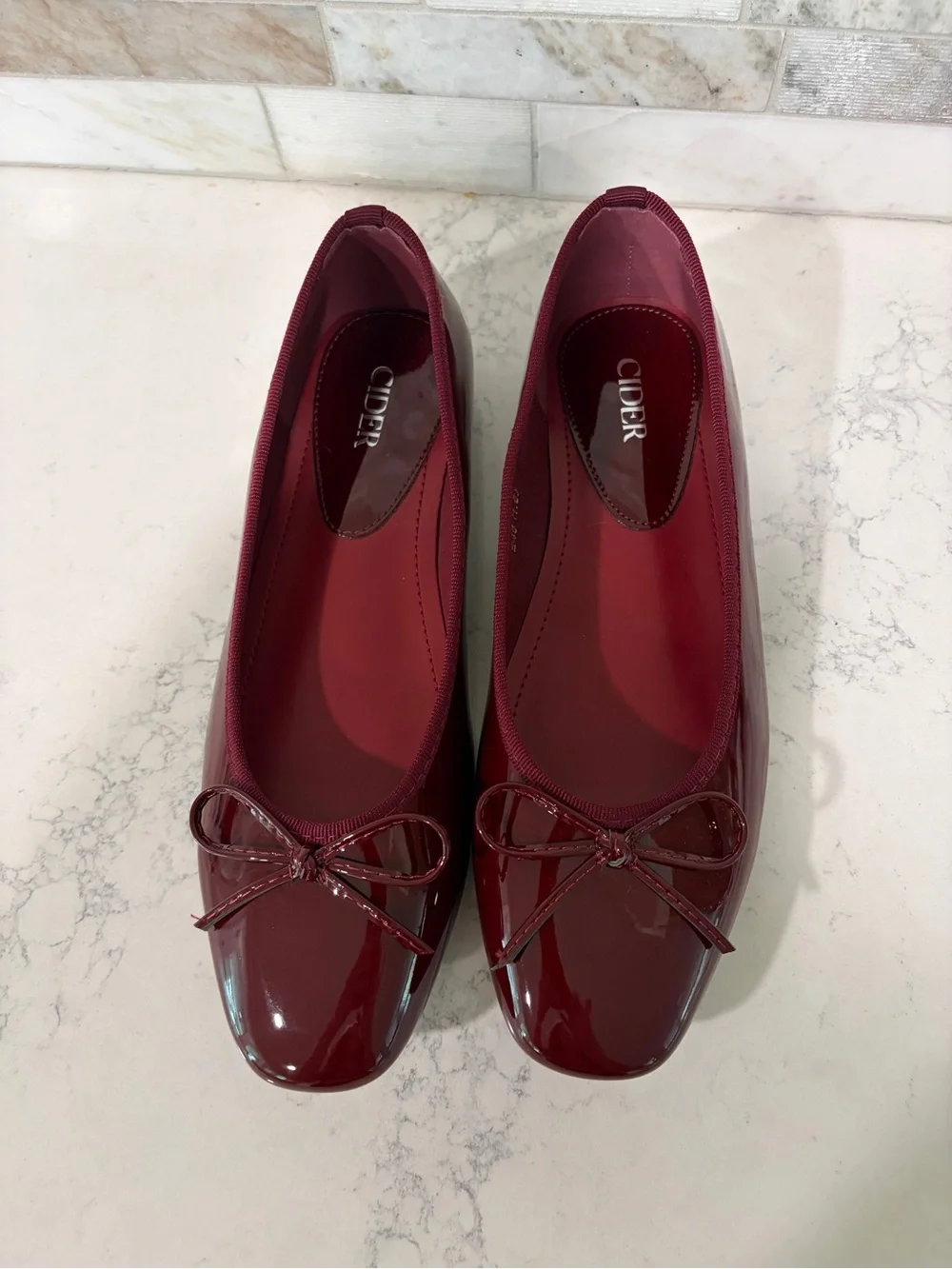 Cider Burgundy Patent Leatherette Ballet Flats with Bow Accent and Square Toe